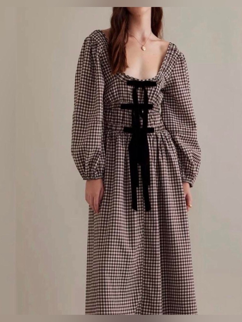 Damson Madder 16 Brown Gingham Bow Long Sleeve Midi Dress